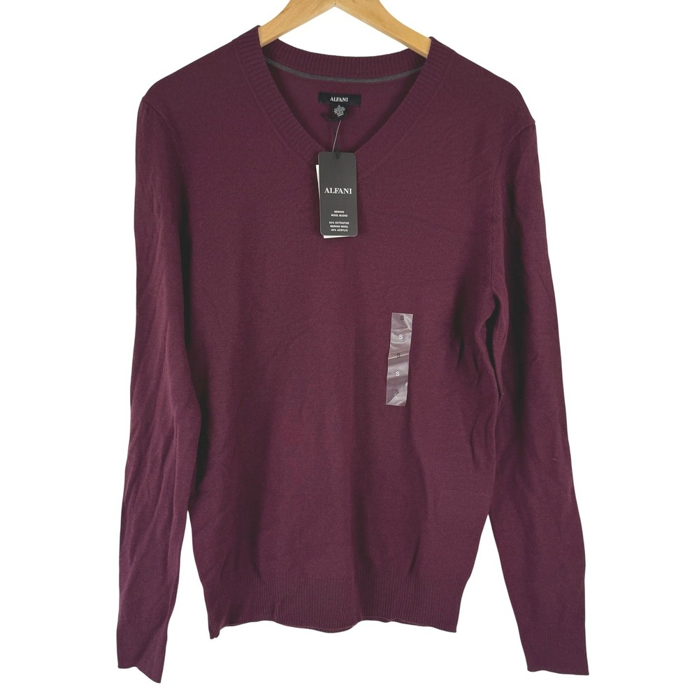 NWT! Alfani Mens Berry Violet Extrafine Merino Wool Blend V-Neck Sweater S‎